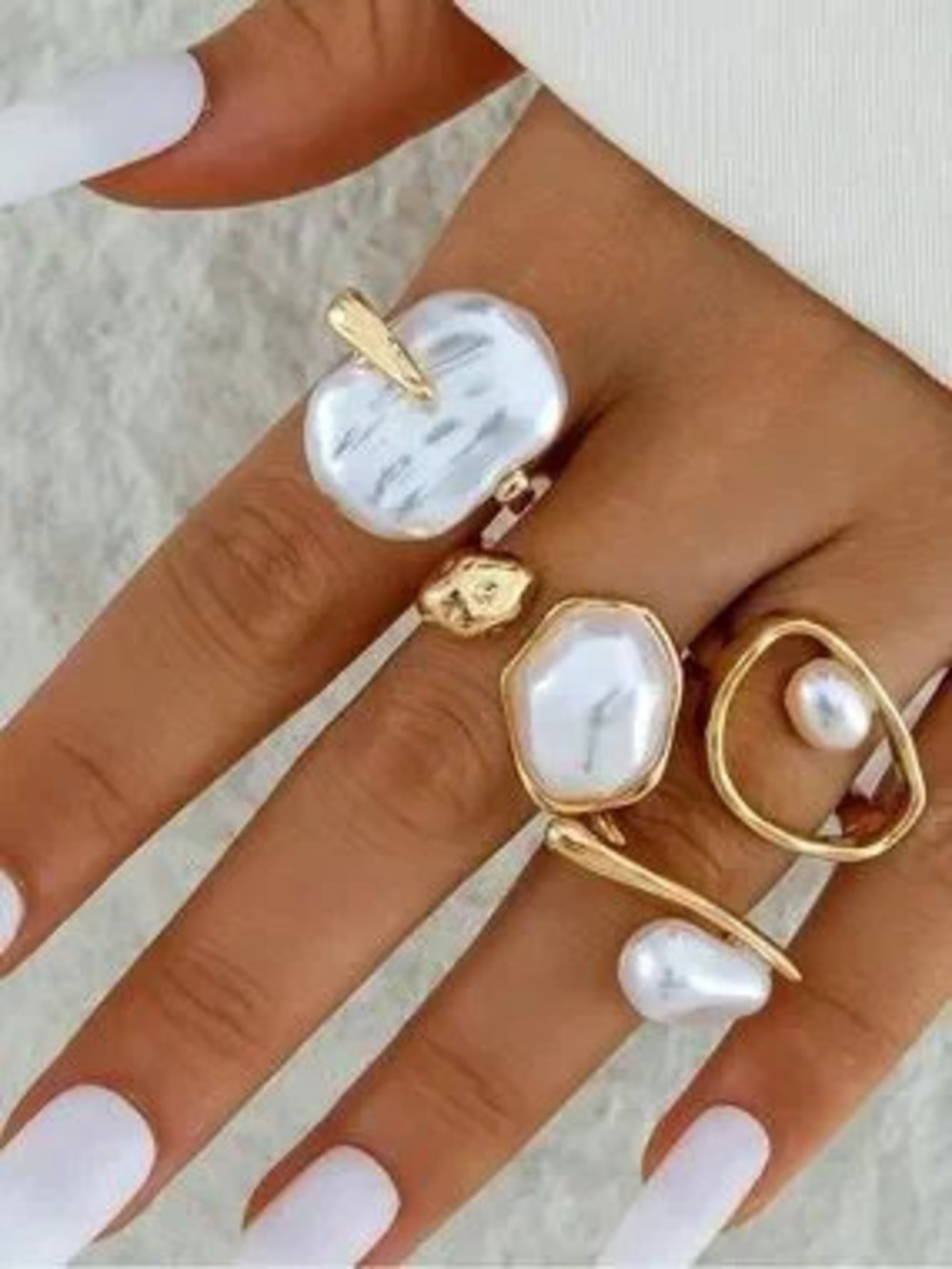 Marbella Pearl Sculpted Ring Set | 4-Piece Gold Statement Stack Collection